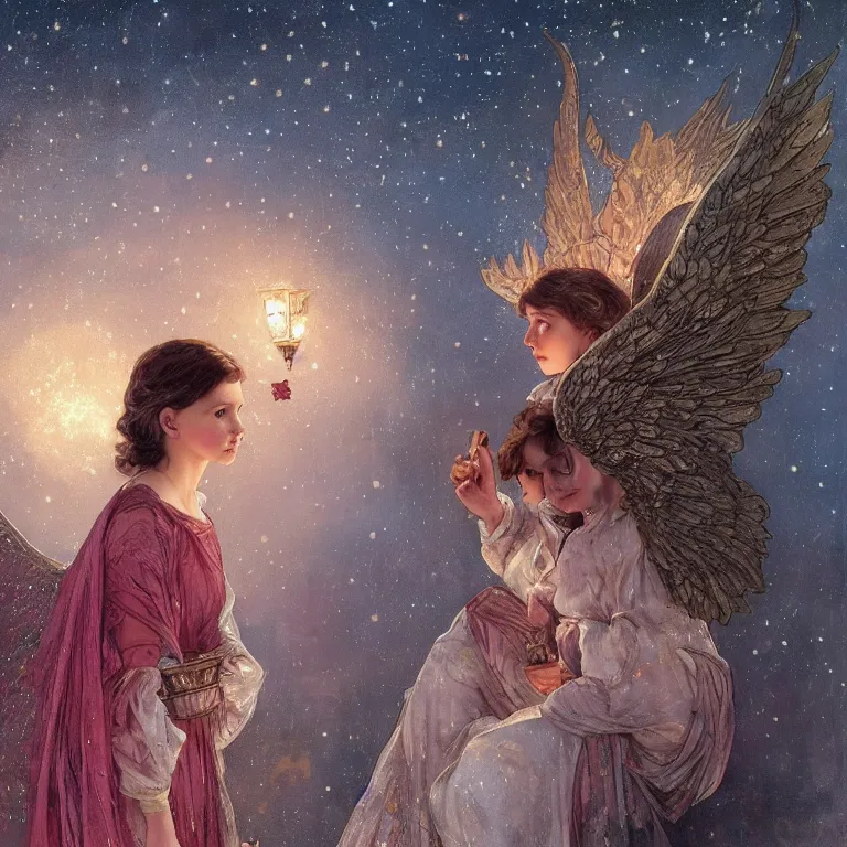 Image similar to a beautiful painting of a winged angel resembling millie bobby brown watching the lantern festival in ancient london, at night with a sky full of stars, intricate, elegant, highly detailed, digital painting, artstation, concept art, by krenz cushart and artem demura and alphonse mucha