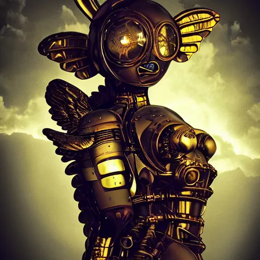 Image similar to a steampunk robotic angel, retro, steam, extremely detailed, particles, cinematic lighting, anime, clouds, sky, lush, beautiful,