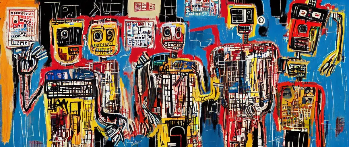 Prompt: robots in the style of jean - michel basquiat
