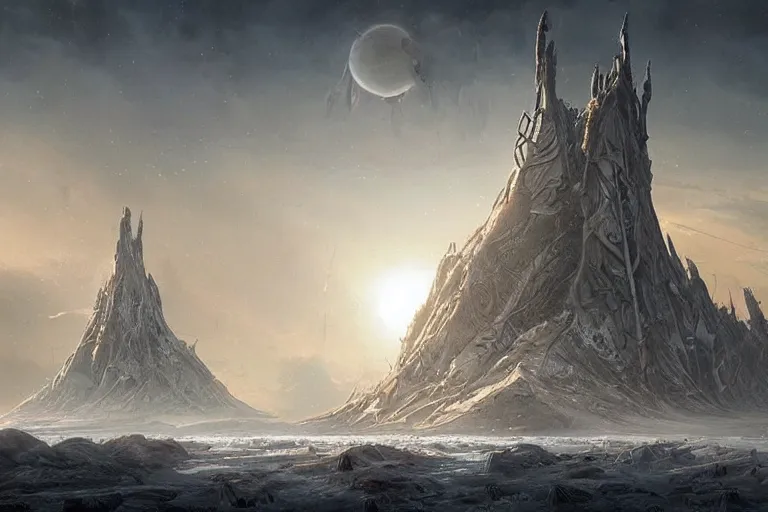 Image similar to epic concept art matte painting by weta digital, towering abandoned alien superstructure, frozen exoplanet with two moons, george lucas, mohrbacher, cgisociety