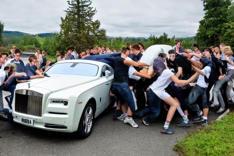 Image similar to Group of teenagers push Rolls-Royce into lake