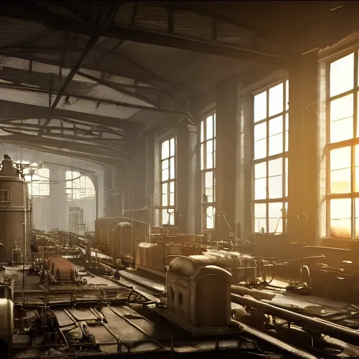 Image similar to factories of the industrial revolution in europe, highly detailed, photorealistic shot, bright studio setting, studio lighting, crisp quality and light reflections, unreal engine 5 quality render