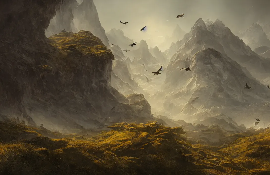 Prompt: a huge swiss landscape in the style of martin deschambault, nicolas bouvier, detailed dreamscape, hyperreal phantastic, intricate details in environment, golden ratio, high aestehtic, cinematic light dramatic light, lightrays, flying birds in distance, photobash, hyperreal 4 k