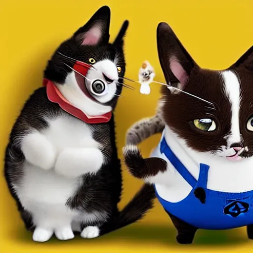 Prompt: a battle between a cat and a corgi with a minion as the referee, cute, realistic