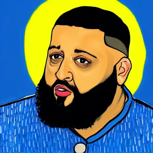 Image similar to ultra realistic portrait of dj khaled in a studio, ultra detailed, under blue, red and yellow cinematic lighting, by van gogh, cartoon