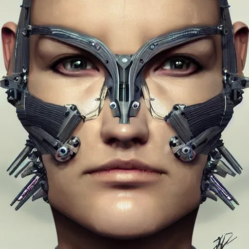 Prompt: a mechanized version of a beautiful woman, facial piercings, very symmetrical, highly detailed, by vitaly bulgarov, by joss nizzi, by ben procter, by steve jung, concept art, quintessa, metal gear solid, transformers cinematic universe, concept art world, pinterest, artstation, unreal engine