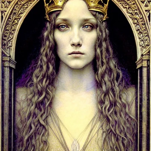 Image similar to detailed realistic beautiful young medieval queen face portrait by jean delville, gustave dore and marco mazzoni, art nouveau, symbolist, visionary, gothic, pre - raphaelite. horizontal symmetry