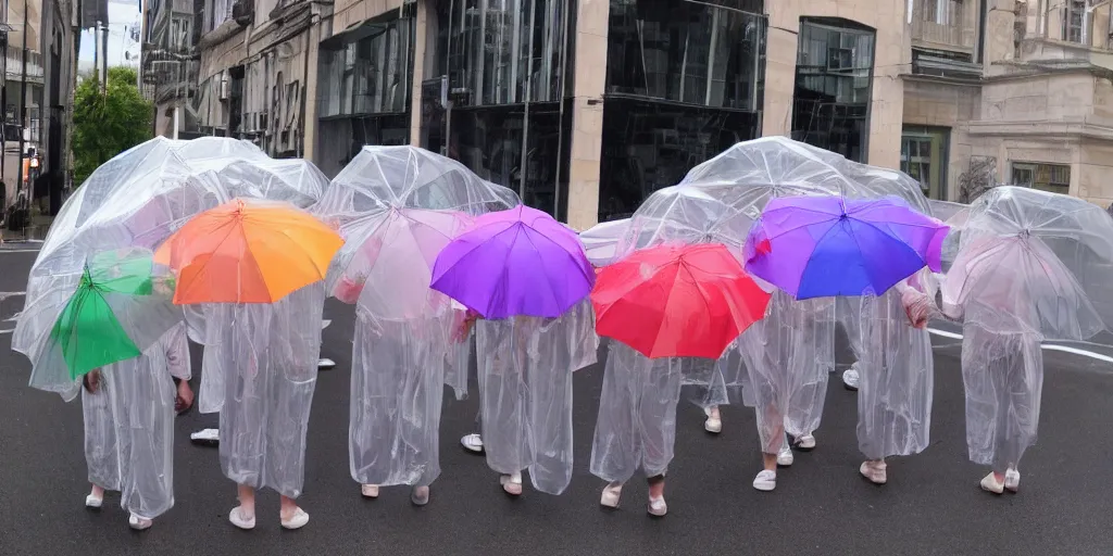 Image similar to transparent raincoats holding transparent umbrellas