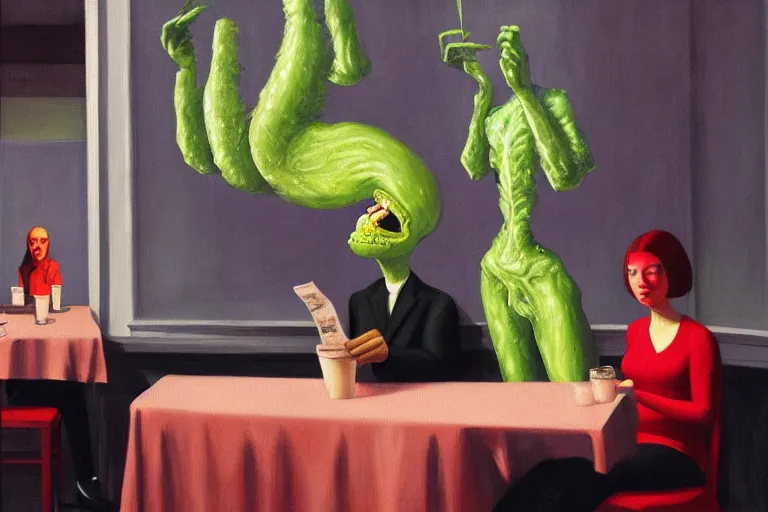 Image similar to hideous terrifying ghastly foul cronenberg monsters relaxing at a cafe. ( a waiter is pouring coffee. one monster is reading a newspaper. painting by edward hopper, 3 d rendering by beeple, 8 k, comfy wretched mutants )