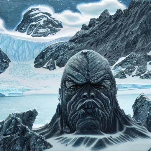 Image similar to mysteries of Antarctica glacial cult mountain god, realistic fantasy, oil painting, extremely high detail, photorealistic, cinematic lighting, oil painting, intricate line drawings, 4k resolution