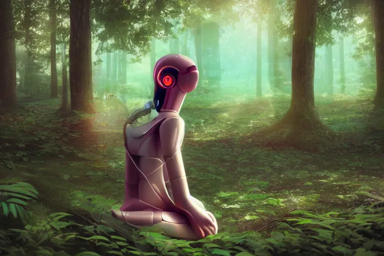 Image similar to a cute robot girl meditating in the forest, astral, synthwave, realism, 8 k