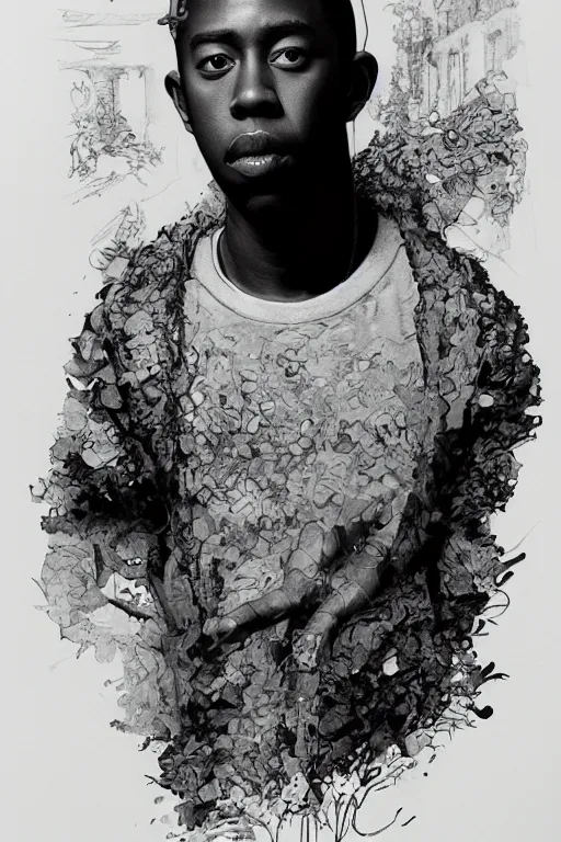 Image similar to portrait of tyler the creator, pen and ink, intricate line drawings, by craig mullins, ruan jia, kentaro miura, greg rutkowski