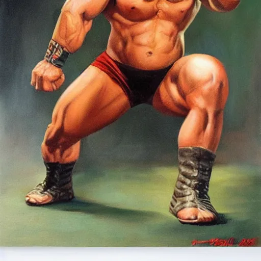 Prompt: wrestler hulk hogan, photorealistic, ring of fire, painted by frank frazetta