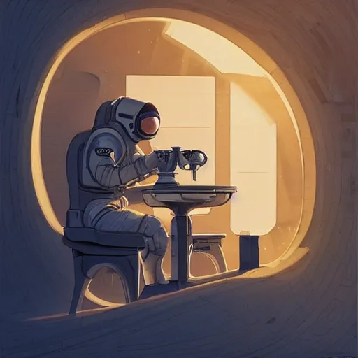 Prompt: a single cosmonaut in a spacesuit drinks a steaming cup of tea at wooden desk in a sci-fi space station. :: by beeple and James Gilleard and Justin Gerard :: the autumn light comes in through a window and dimly illuminates the room. intricate, elegant, highly detailed, trending on artstation, smooth, sharp focus, octane render!!!