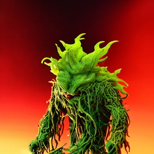 Image similar to funko pop doll of a terrifying lovecraftian giant mechanized melting swamp thing on fire taken in a light box with studio lighting, high detail, some background blur