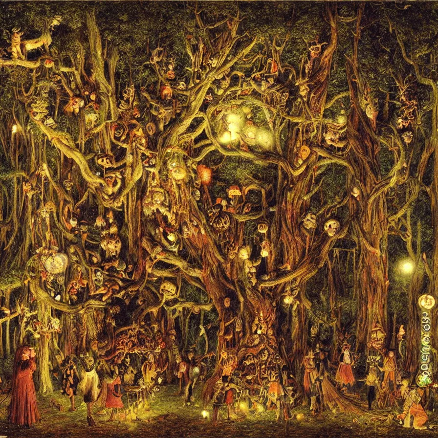 Image similar to a night carnival around a magical tree cavity, with a surreal orange moonlight and fireworks in the background, next to a lake with iridiscent water, christmas lights, folklore animals and people disguised as fantastic creatures in a magical forest by summer night, masterpiece painted by ford madox brown, dark night environment