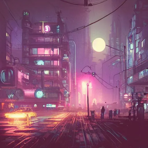 Prompt: A cityscape at night, with a full moon, neon lights, cyber punk setting, steam punk machinery, top-rated, award winning, cityscape, science fiction, futuristic, shadows, technical, highly detailed, digitally painted, illustration, by Simon Stålenhag and Greg Rutkowski