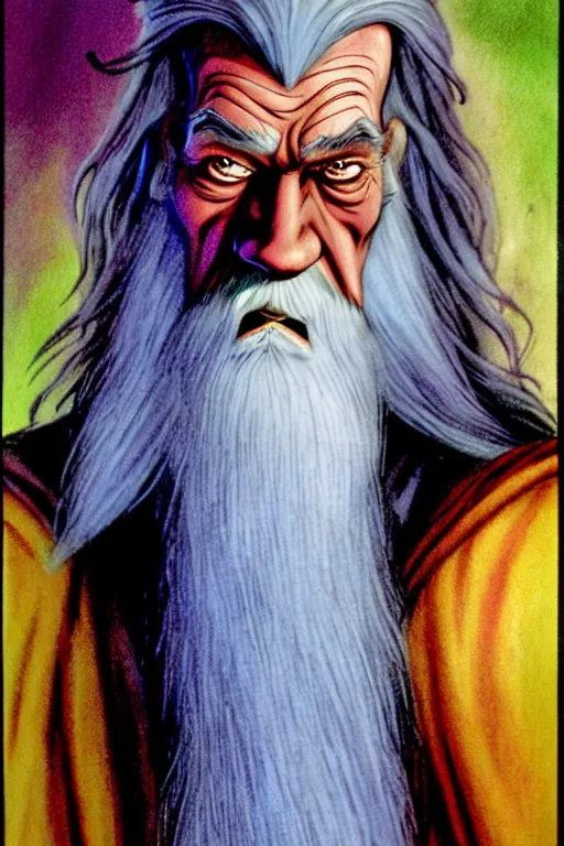 Prompt: colorful exaggerated character art of gandalf the white from lord of the rings, rodel gonzalez, marc davis, milt kahl, jim warren, don bluth, glen keane, jason deamer, rob kaz, concept art