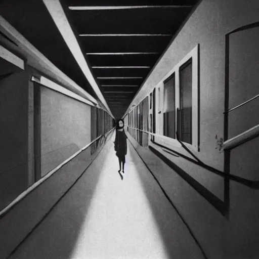 Image similar to In the corridor of an old wooden loft, six people are walking forward, the fourth woman holds an antenna in her hand and looks back to the ground, a beam of light shines on the woman through the overhead window, the man in front of her looks on she.