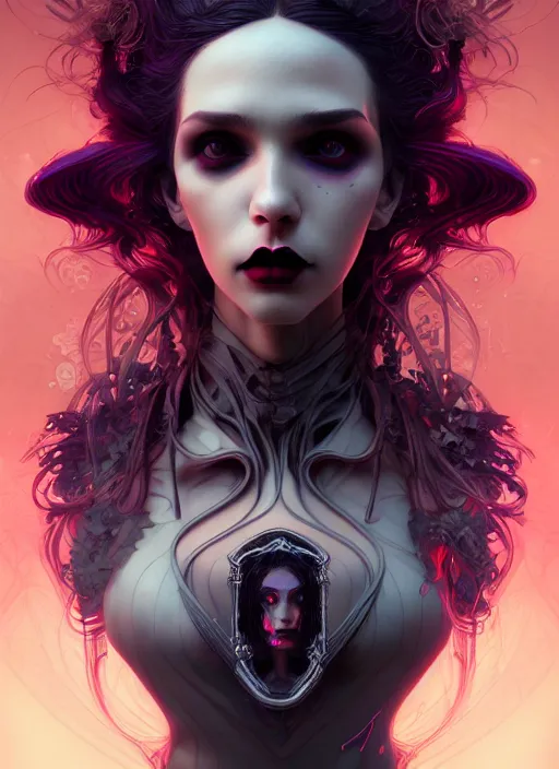 Image similar to perfect vampire girl portrait, intricate artwork by josan gonzalez, artgerm, tom bagshaw, kilian eng, alphonse mucha, zdizslaw beksinski, very coherent artwork, psychedelic, syntwave, noir gothic cyberpunk, octane render, unreal engine, 8 k, high contrast