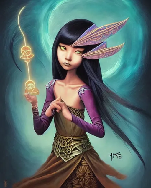 Prompt: an epic fantasy comic book style painting of a young malaysian woman, flying magician, lace, expressive, pastel palette, dark piercing eyes, tan skin, beautiful futuristic hair style, awesome pose, character design by mark ryden pixar hayao miyazaki, ue 5