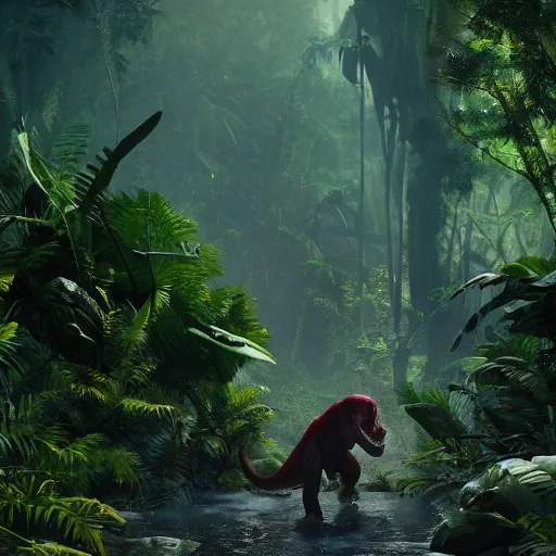 Prompt: tyrannosaurus rex walking through a jungle, atmosperic, dramatic lighting, trending on artstation, a still from pixar movie