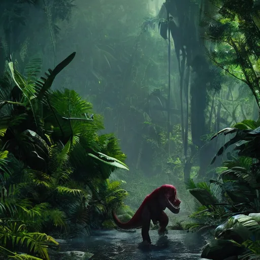 Image similar to tyrannosaurus rex walking through a jungle, atmosperic, dramatic lighting, trending on artstation, a still from pixar movie