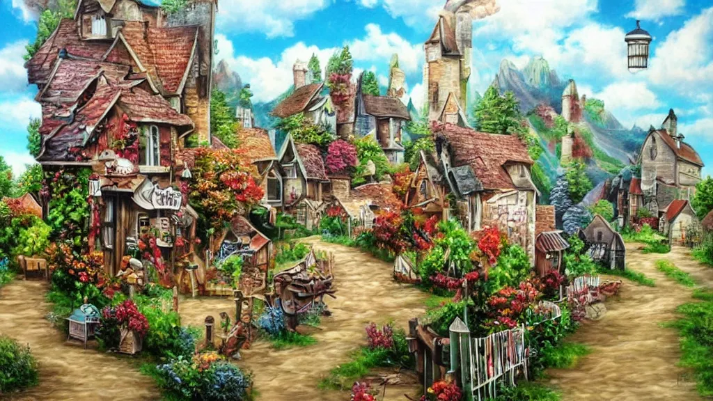 Prompt: airbrush art derivative the very crispest, neatest village