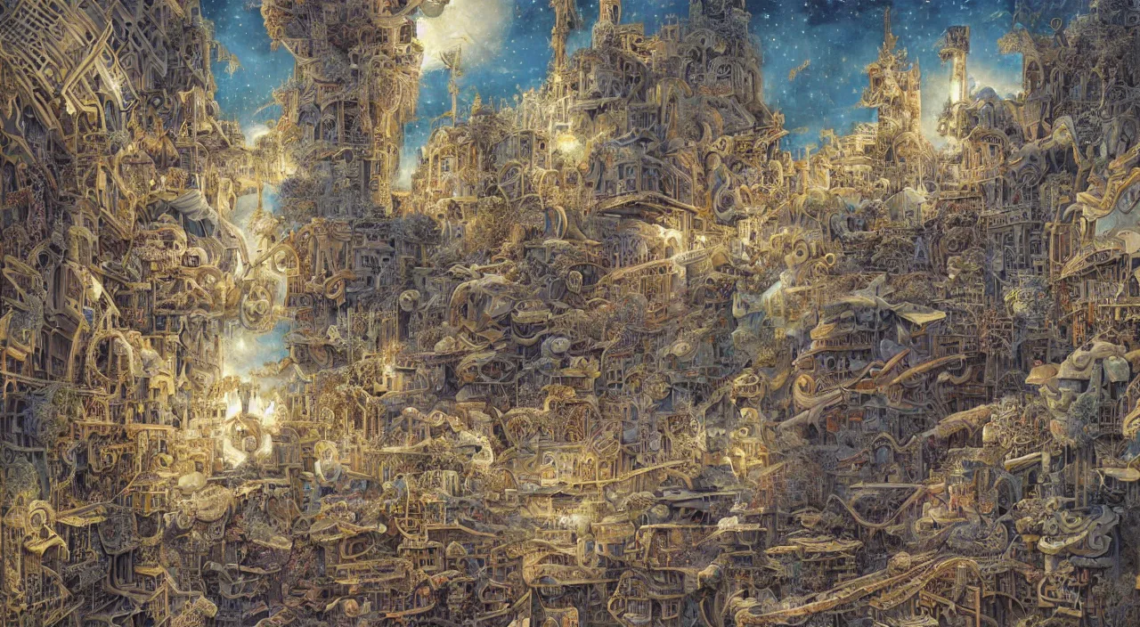 Prompt: pastel colours, guido borelli da caluso, richard dadd, smooth paper with detailed line work, Mandelbulb, Exquisite detail perfect symmetrical, silver details, hyper detailed, bold intricate ink illustration, smooth textures, steampunk, smoke, neon lights, starry sky, steampunk city, liquid polished metal, by jesper ejsing