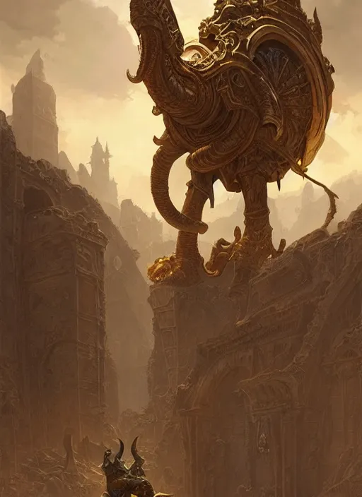 Image similar to golden mammoth in a ruined city, d & d, fantasy, intricate, elegant, highly detailed, digital painting, artstation, concept art, matte, sharp focus, illustration, hearthstone, art by artgerm and greg rutkowski and alphonse mucha