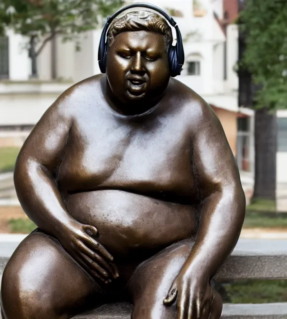 Image similar to a 4 k photorealistic photo medium shot of a bronze statue of a obese young man wearing headphones.