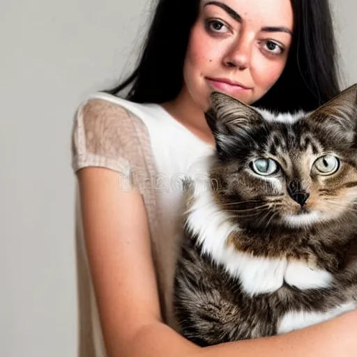 Image similar to a girl that slightly looks like aubrey plaza, with long dark hair holding a cat in her arms, a stock photo by juan villafuerte, pexels contest winner, high quality photo, rtx, hd, shiny eyes, rasquache