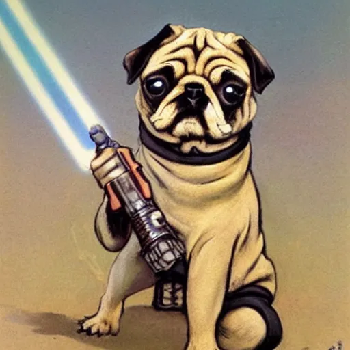 Prompt: a pug Jedi holding a lightsaber frank frazetta, —n 9