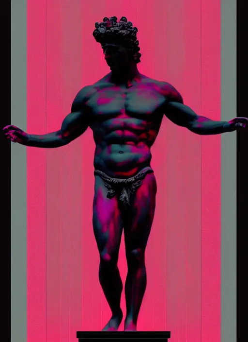 Image similar to black background with subtle red and purple design elements, statue of hercules, nekro, graphic design, collage art, thin lines, dark, glitch art, neo vaporwave, gritty, layout frame, square, trending on artstation