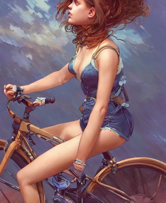 Image similar to portrait of barbara palvin riding a bicycle in denim shorts, side view, intricate, elegant, highly detailed, digital painting, artstation, concept art, art by artgerm and greg rutkowski and alphonse mucha