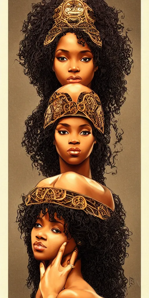 Image similar to black african princess, warm volumetric lighting, cosmic, symmetric, highly detailed, concept art, heavenly, intricate, sharp focus on the body, illustration, alexandros pyromallis, bouguereau, rutkowski, artgerm, alphonse mucha