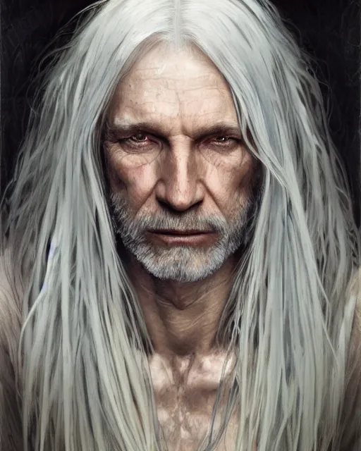 Prompt: portrait of 4 0 - year - old man with long white hair with a pale complexion, pointed face and grey eyes, hyper realistic face, beautiful eyes, fantasy art, in the style of greg rutkowski, intricate, alphonse mucha, hyper detailed, smooth