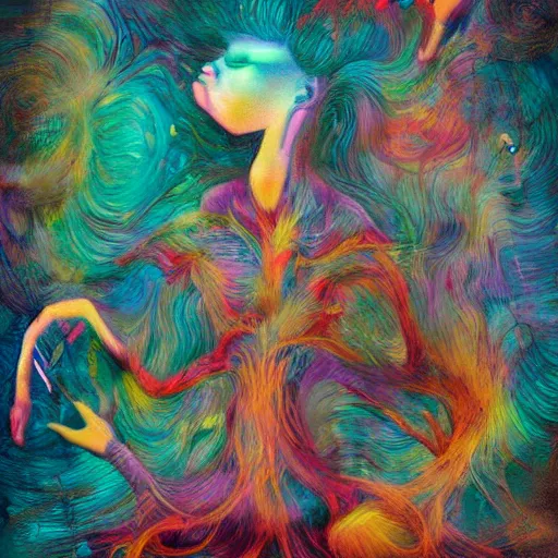 Image similar to dissociation, derealization, disconnection, amnesia, fantasy illustration, abstract, amorphous, eerie, organic, inhuman, rich colors