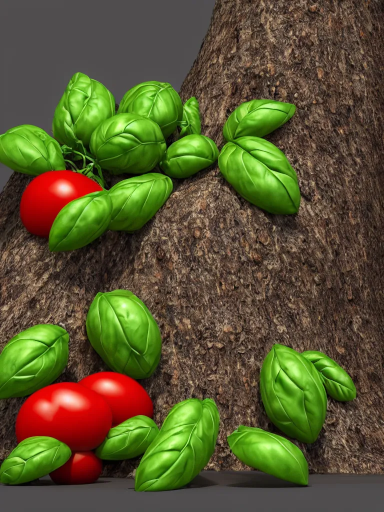 Prompt: highly detailed 3 d render of a mythical tree with sparse leaves of tomatoes and mozzarella! balls and basil leaves, hyper realistic octane render, cinematic lighting, deviantart, lowbrow, surrealism, pixar still