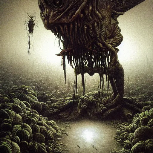 Image similar to a hyperrealistic painting of an alien god performing miracles in the middle of an alien jungle, bioluminescent plants, by john kenn mortensen and zdzislaw beksinski, highly detailed, vivid color,