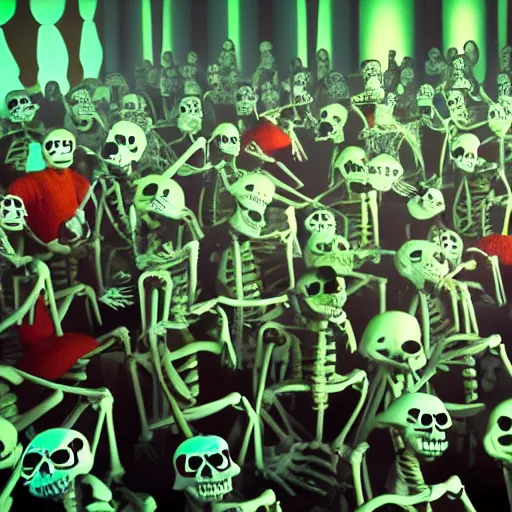 Image similar to photo, a giant crowd of realistic claymation skeletons sensually inside a colorful futuristic night club, edge lighting