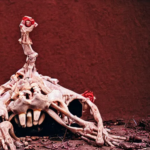 Image similar to in the desert a bloody horrifying The Thing creature made of muscle and bone and blood, mid day, 35mm photography, realistic,