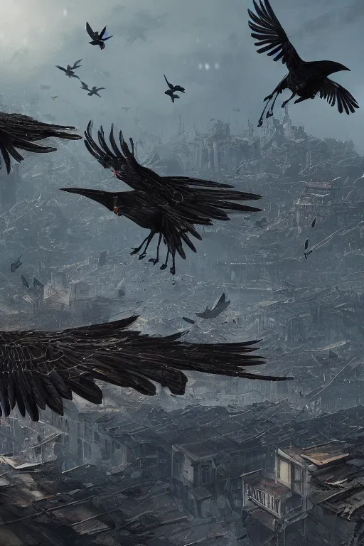 Prompt: crows flying over a destroyed city, extremely detailed digital art, in the style of greg rutkowski, trending on artstation, 8 k