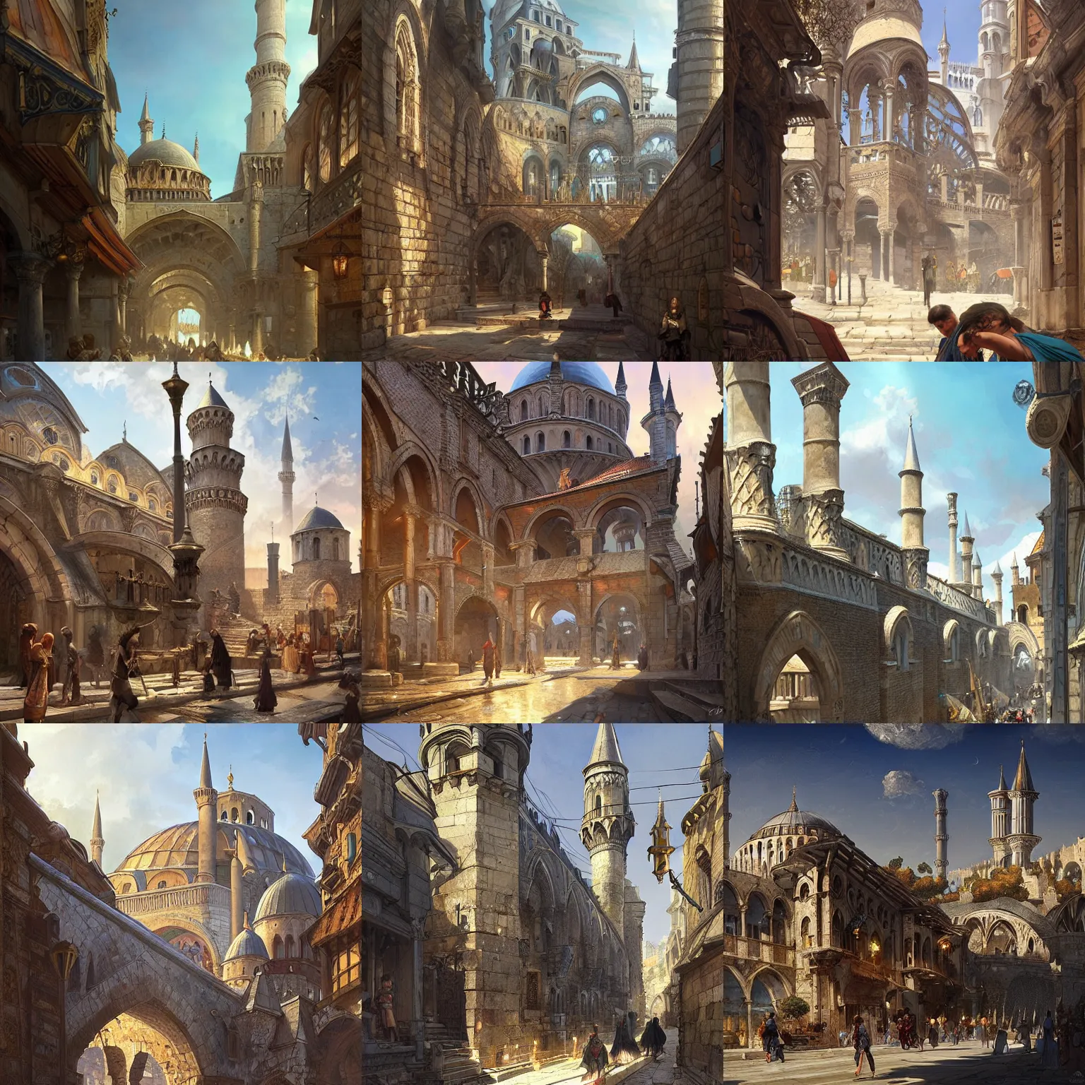 Prompt: medieval constantinople, street view, highly detailed, digital painting, artstation, concept art, sharp focus, illustration, art by artgerm and greg rutkowski and alphonse mucha