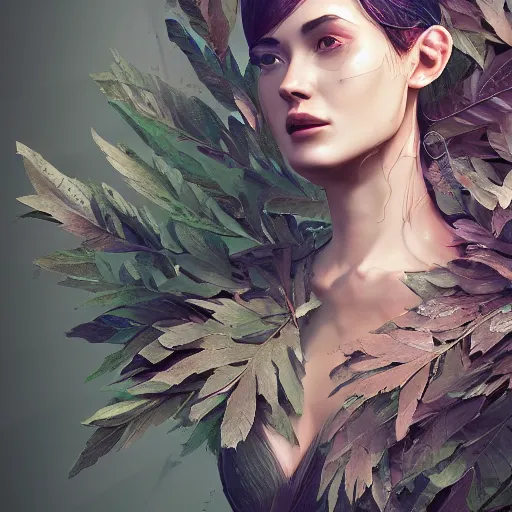 Image similar to a highly detailed digital image of a futuristic woman elegantly wrapped with leaves, artstation, extremely detailed woman, stunning volumetric lighting, hyper realism, fantasy 4k, art by Janice Sung