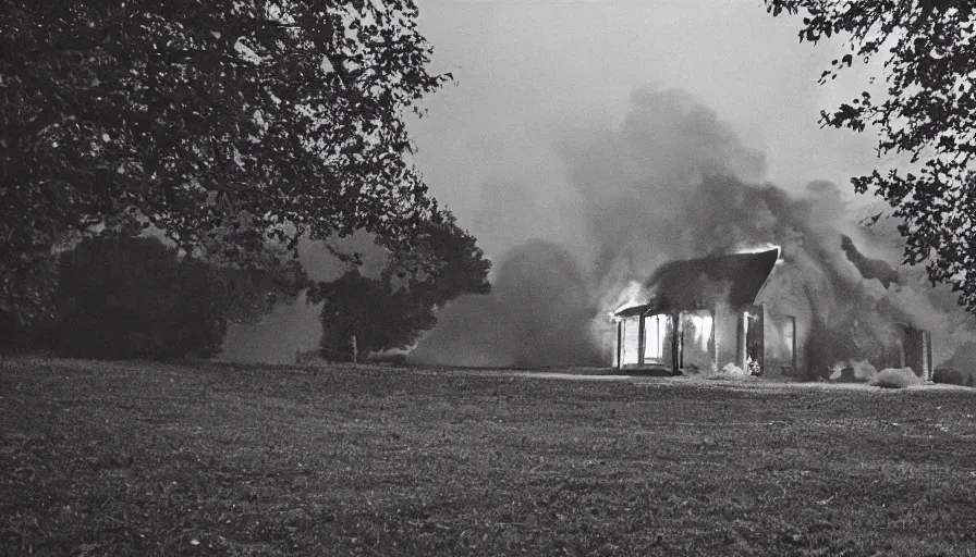 Image similar to 1 9 7 0 s movie still of a heavy burning french style little house by night in autumn, in a small northern french village, by sony mini dv camera, heavy grain, high quality, high detail, dramatic light, anamorphic, flares