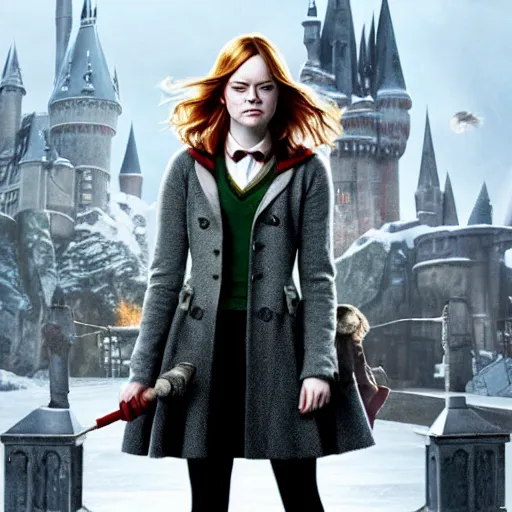 Prompt: emma stone as hermione granger in hogsmeade