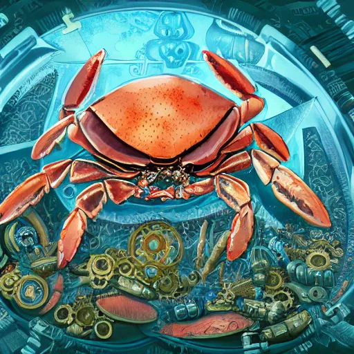 Prompt: hyperdetailed illustration of one small standalone crab hidden inside a cyber shell, with flemish baroque rococo unexpected maximalist steampunk elements. seen from the distance hd! matte paper background. childrenbook in soft natural tones