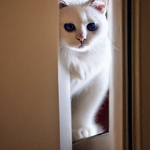 Prompt: A beautiful photo of a white cat looking out of the window at night,It has blue eyes , Photography , Long-range shots