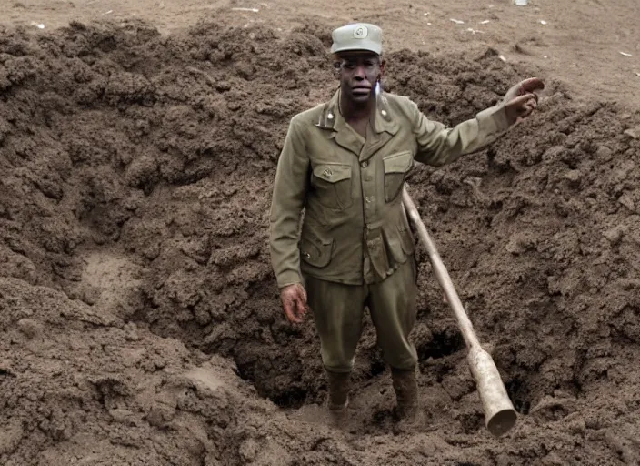 Image similar to a man wearing a dirty gray soldiers uniform stands in an 8 foot deep muddy pit